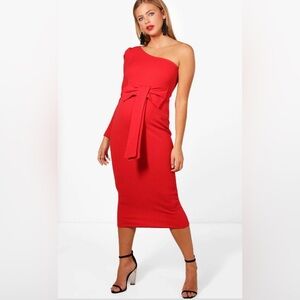 MATERNITY RED ONE
SHOULDER BOW WAIST MIDI
DRESS
SIZE 8